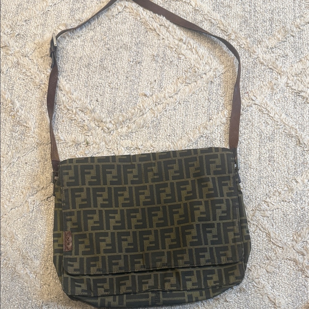 Fendi Khaki and Brown Logo Messenger Bag